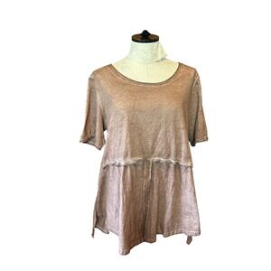Pretty Angel LINEN Mauve Mineral Wash Ruffle Raw Edge Short Sleeve Top Boho L